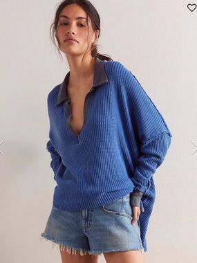 FREE  PEOPLE TRAVIS Blue Waffle Knit Collared Women's Sweater! NWT! S